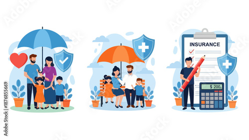 Health and life insurance concept, Family standing under insurance umbrella, Man fills out health insurance form, set flat vector modern illustration

