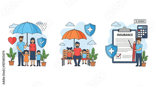 Health and life insurance concept, Family standing under insurance umbrella, Man fills out health insurance form, set flat vector modern illustration
