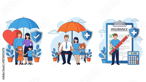 Health and life insurance concept, Family standing under insurance umbrella, Man fills out health insurance form, set flat vector modern illustration
