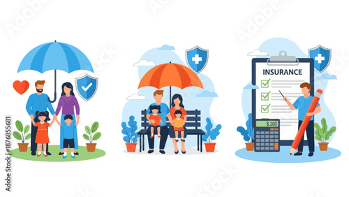 Health and life insurance concept, Family standing under insurance umbrella, Man fills out health insurance form, set flat vector modern illustration
