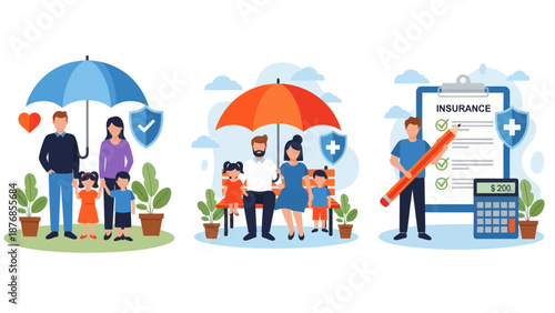 Health and life insurance concept, Family standing under insurance umbrella, Man fills out health insurance form, set flat vector modern illustration
