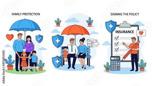 Health and life insurance concept, Family standing under insurance umbrella, Man fills out health insurance form, set flat vector modern illustration

