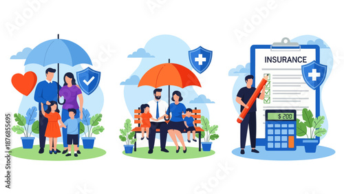 Health and life insurance concept, Family standing under insurance umbrella, Man fills out health insurance form, set flat vector modern illustration

