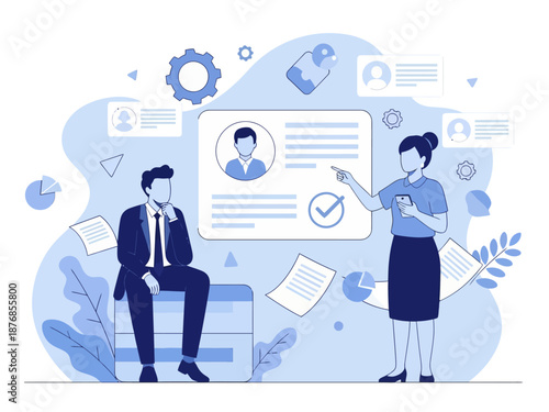 HR manager with employee at interview and business flow chart. Employee assessment software, HR company system, employee check programme concept, flat vector modern illustration