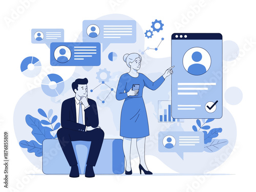 HR manager with employee at interview and business flow chart. Employee assessment software, HR company system, employee check programme concept, flat vector modern illustration
