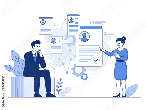 HR manager with employee at interview and business flow chart. Employee assessment software, HR company system, employee check programme concept, flat vector modern illustration