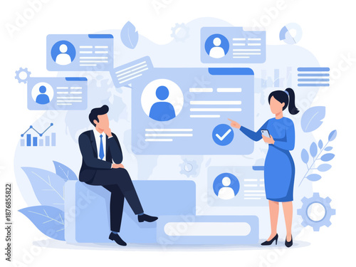 HR manager with employee at interview and business flow chart. Employee assessment software, HR company system, employee check programme concept, flat vector modern illustration