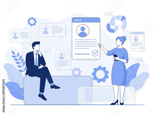 HR manager with employee at interview and business flow chart. Employee assessment software, HR company system, employee check programme concept, flat vector modern illustration