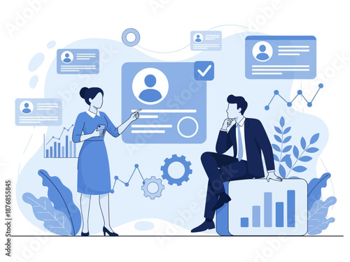 HR manager with employee at interview and business flow chart. Employee assessment software, HR company system, employee check programme concept, flat vector modern illustration
