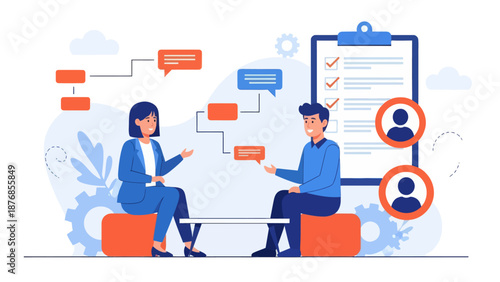 HR manager with employee at interview and business flow chart. Employee assessment software, HR company system, employee check programme concept, flat vector modern illustration