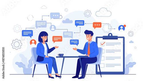 HR manager with employee at interview and business flow chart. Employee assessment software, HR company system, employee check programme concept, flat vector modern illustration