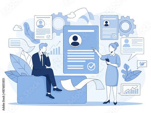 HR manager with employee at interview and business flow chart. Employee assessment software, HR company system, employee check programme concept, flat vector modern illustration