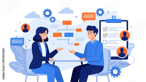 HR manager with employee at interview and business flow chart. Employee assessment software, HR company system, employee check programme concept, flat vector modern illustration