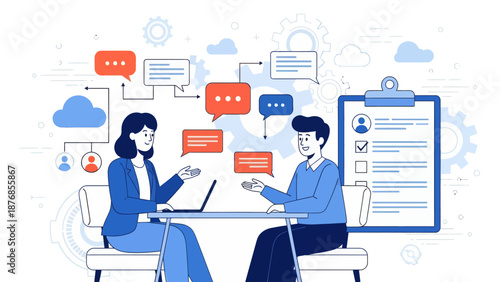 HR manager with employee at interview and business flow chart. Employee assessment software, HR company system, employee check programme concept, flat vector modern illustration