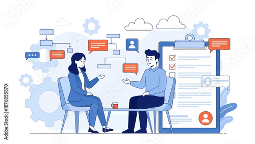 HR manager with employee at interview and business flow chart. Employee assessment software, HR company system, employee check programme concept, flat vector modern illustration