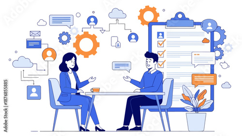 HR manager with employee at interview and business flow chart. Employee assessment software, HR company system, employee check programme concept, flat vector modern illustration