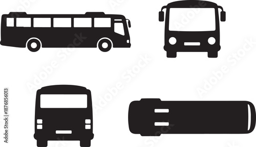 Comprehensive Bus Silhouette Vector Icon Set: Four Different Views (Side, Front, Back, Top) for Public Transportation, Commuting, and Travel App UI/UX Design Assets