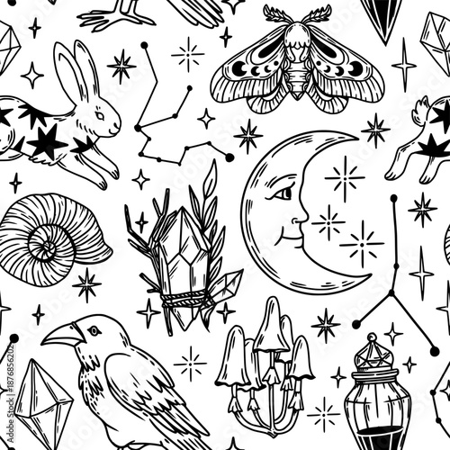 Mystical seamless pattern. Vintage magic background. Hand drawn occult witchcraft elements, gemstones, raven, rabbit, moon, crystals. Halloween esoteric vector print