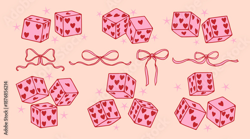Pink dice with red hearts. Lucky love symbols. Retro aesthetic game cube with different sides. Doodle cute girly coquette Valentines playing cubes with stars. Vector collection
