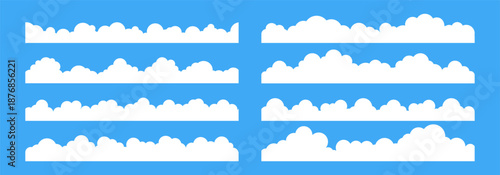 Cloud border. Simple cloudy shapes divider. Flat long section with white puffy cumulus clouds in blue sky. Abstract weather elements banner. Vector cloudscape background