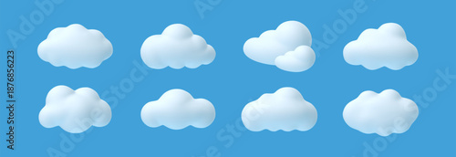3D cloud. Render sky elements. Cartoon cute bubbled clouds on blue sky. Cute white cumulus, puffy, fluffy cloudy shape. Realistic smoke weather object. Meteorology vector icons