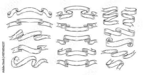Hand drawn ribbons. Vintage ribbon flags. Doodle empty banners, decorative text header, scroll frame, title for lettering. Sketch outline medieval decor elements. Vector set