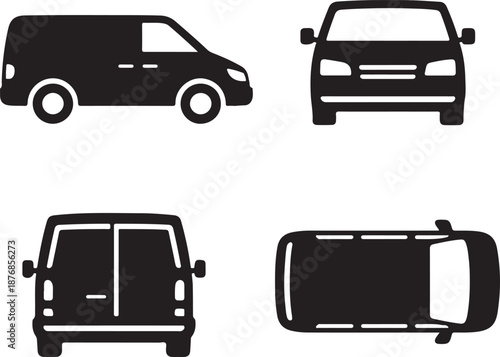 Comprehensive Cargo Van Silhouette Vector Set: Four Views (Side, Front, Back, Top) Icons for Logistics, Delivery Services, Commercial Transport, and Automotive Design Graphics