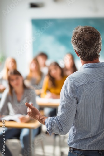 Education training class. Knowledge learning improvement study. A man wearing a blue shirt and jeans standing in front of a classroom full of students seated at desks, each holding a book.