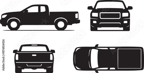 Comprehensive Pickup Truck Vector Silhouette Set: Four Views (Side, Front, Rear, Top) for Automotive Design, Blueprint Graphics, and Transportation Icons - Customizable EPS & SVG