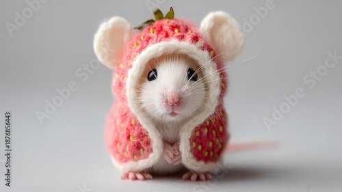 Eine kleine weiße Maus in einem Erdbeer-Kostüm.