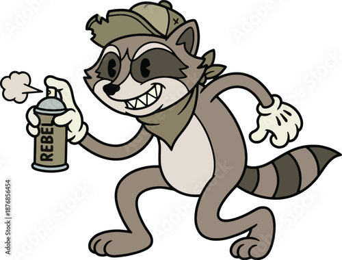 Retro Cartoon Raccoon Rebel with Spray Can in Rubber Hose Style – Mischievous Vintage Graffiti Mascot Vector Illustration