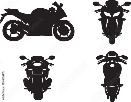 Sport Motorcycle Silhouette Vector Set: Dynamic Collection of Superbike Icons Including Side, Front, and Top Views for Racing, Transportation, and Motorbike Club Logos