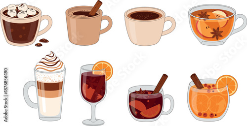 Collection of Warm and Festive Drinks Including Hot Chocolate, Spiced Coffee, Latte, Mulled Wine, and Citrus Infused Tea Illustration