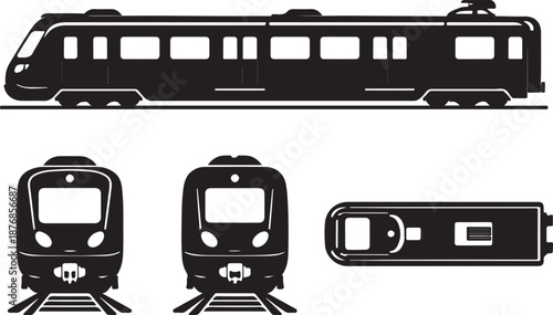Modern Electric Commuter Train Vector Silhouette Icon Set: Multiple Views (Side, Front, Top) of Urban Subway and Light Rail Transit for High-Speed Public Transportation Graphics