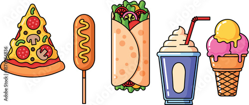 Colorful Fast Food Illustration Set Featuring Pizza Slice, Corndog, Wrap Sandwich, Milkshake, and Ice Cream Cone in Bold Outline Style