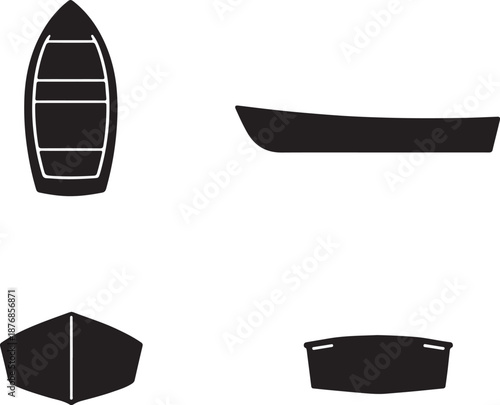 Dinghy Rowboat Views Icon Set: Vector Silhouettes of a Small Vessel Showing Top, Side, Bow, and Stern Perspectives. Nautical Water Transport Black Graphics Collection.
