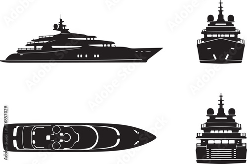Luxury Superyacht Silhouette Vector Set: Detailed Black Icons for Front, Side, and Top Views. Perfect for Nautical Design, Travel Brochures, and Marine Industry Branding.