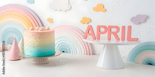 Playful artistic birthday scene, pastel gradient cake, abstract shapes, “APRIL” written in bold playful typography, modern design, bright soft light