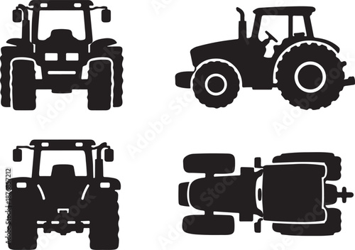 Modern Agricultural Tractor Silhouette Vector Set: Collection of Farming Vehicle Icons including Front, Side, and Top View Templates for Machinery, Equipment, and Heavy Transport Design Elements.