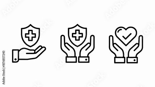 Medical protection icons with hands and heart symbols
