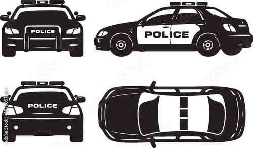 Comprehensive Police Car Vector Silhouette Collection: Four Different Views (Front, Side, Rear, Top) – Law Enforcement Cruiser Icon Set for Emergency Service and Authority Graphics Design