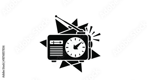 Retro radio with antenna and clock face broadcasting sound waves