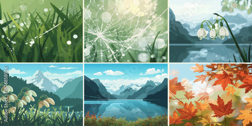 A vibrant summer travel collage features a green forest landscape with mountains, a sunny beach coast by the blue ocean sky, and a serene lake reflecting trees at sunrise