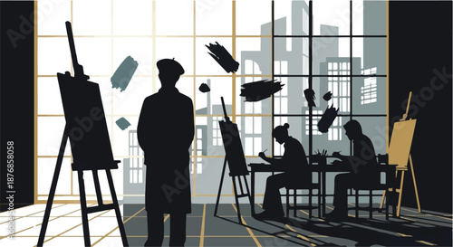 Silhouette of artist teaching students in a bright, sunlit studio with city view.