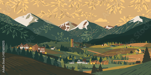 A panoramic summer landscape of the green Alpine mountains features a snow-capped peak and lush meadows under a blue sky with clouds overlooking a peaceful forest valley in Europe