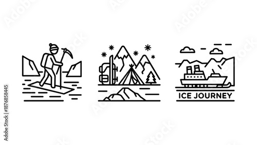 Winter Adventure Icons: Mountaineering, Camping, and Ice Journey on a Cruise Ship