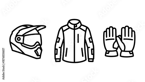 Motorcycle rider's safety icons: helmet, riding jacket, and gloves for protection and comfort