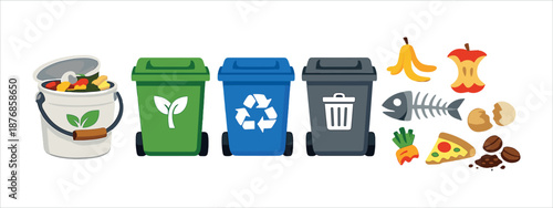 A colorful, child-friendly, and very clear illustrated guide to waste sorting (separate waste collection) in a cute cartoon/flat style.