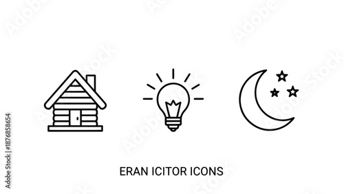Home and light icons: log cabin, lightbulb for idea, and crescent moon with stars for nighttime