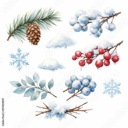Watercolor winter elements pine cone snow covered berries and snowflakes